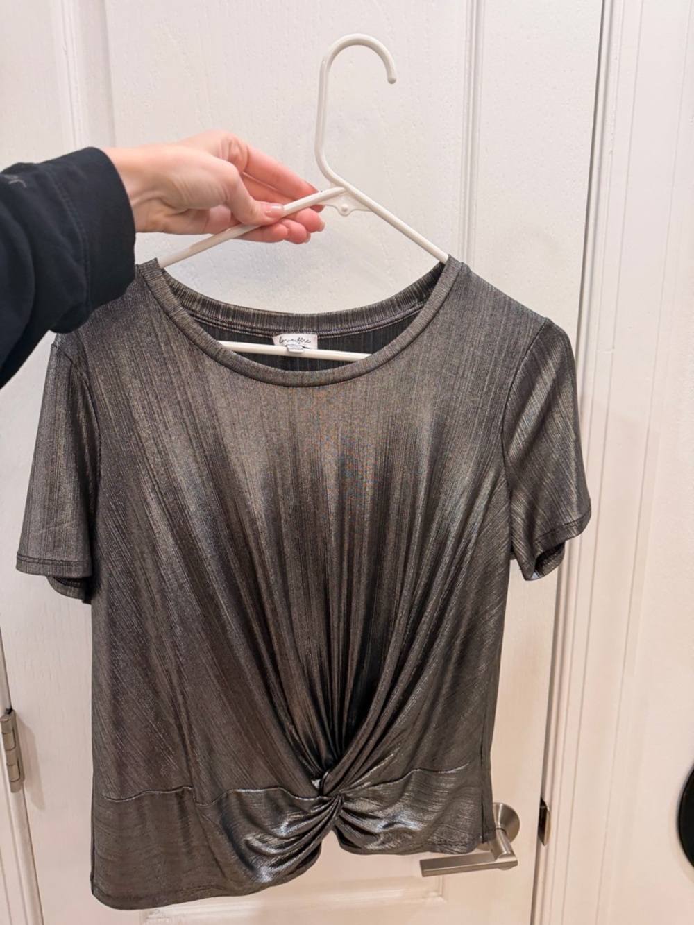 love, Fire Metallic Twist-Knot Short Sleeve Top - Silver